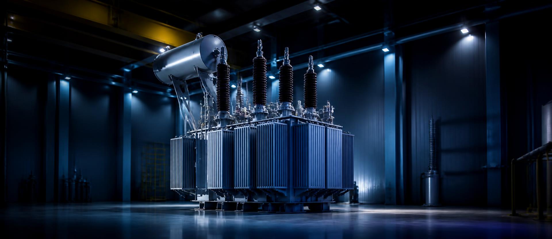 High-voltage transformer under test in a modern factory hall
