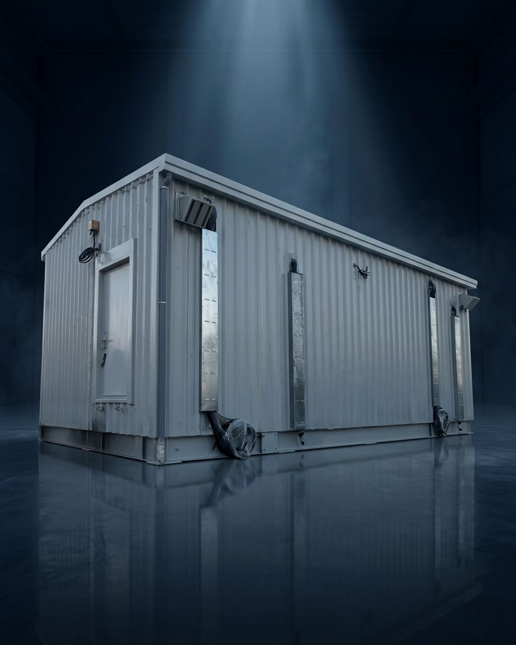 Walk-in containerized substation on a navy studio background