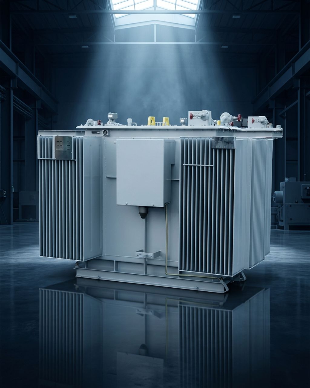Oil-immersed distribution transformer on a navy studio background