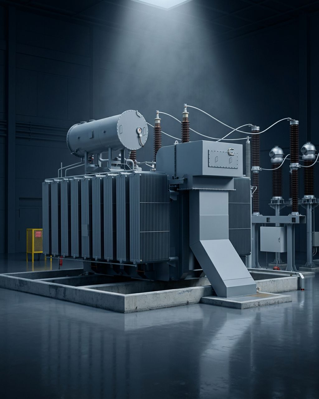 Extra high voltage power transformer on a navy studio background