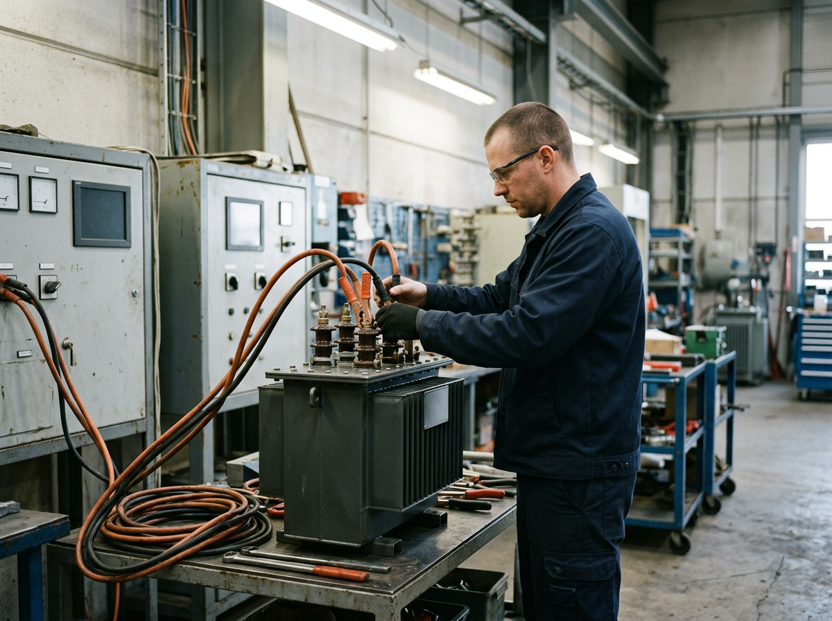 Technician connecting test leads to a transformer on a factory test bench