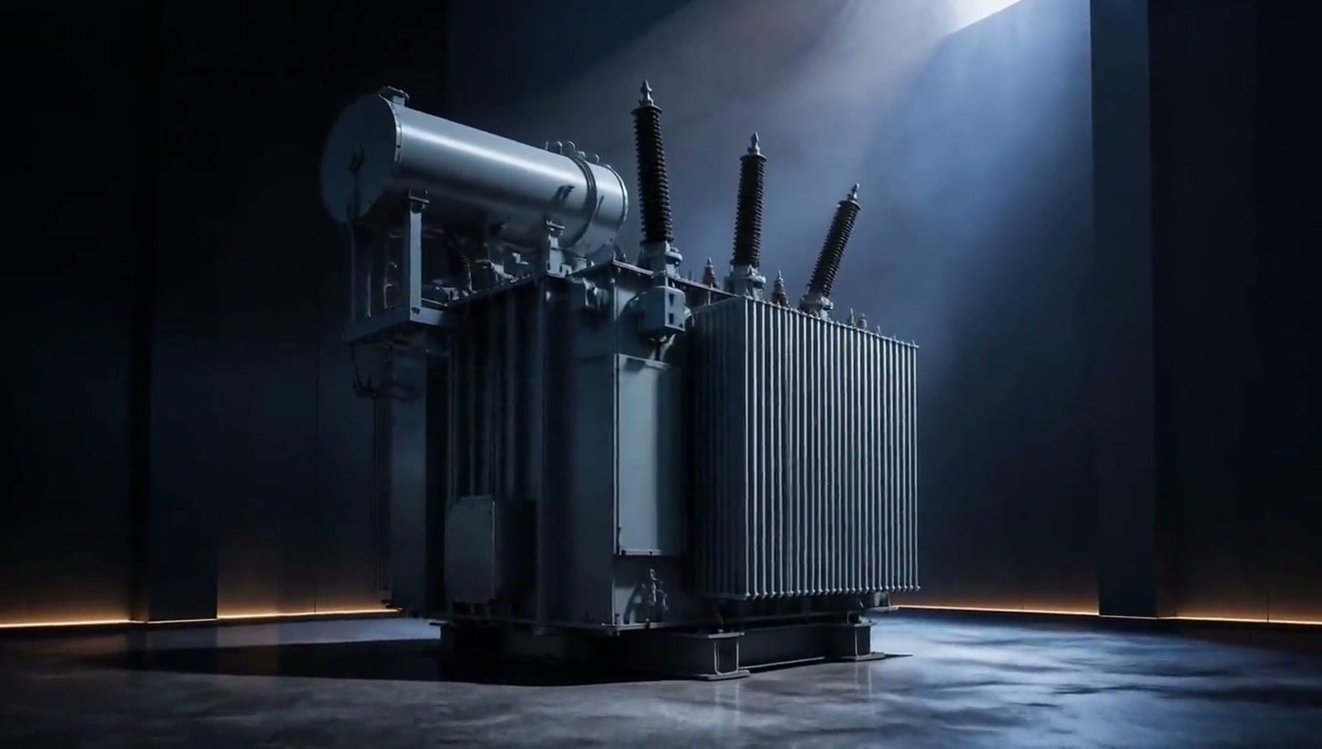 Large power transformer in a modern studio hall lit by soft volumetric light