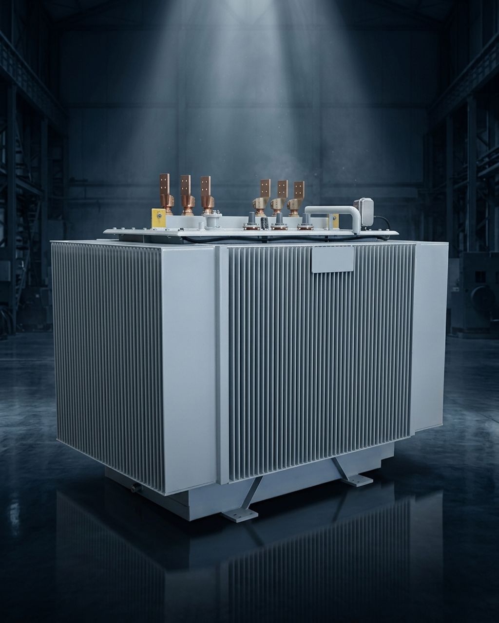 Inverter duty transformer for solar and storage on a navy studio background