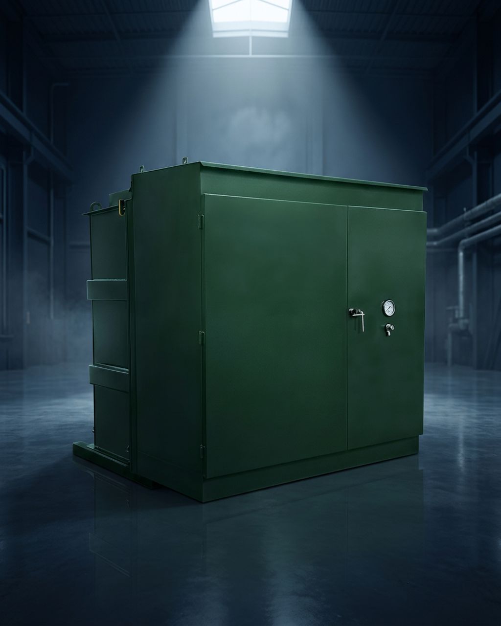Green dead-front pad mounted transformer on a navy studio background
