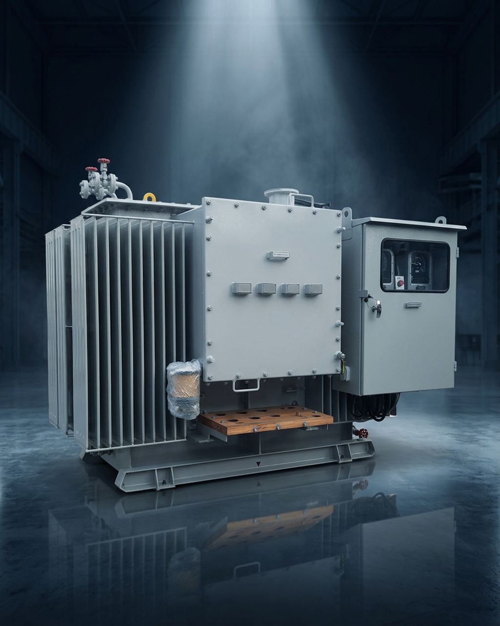 Special purpose flameproof transformer on a navy studio background