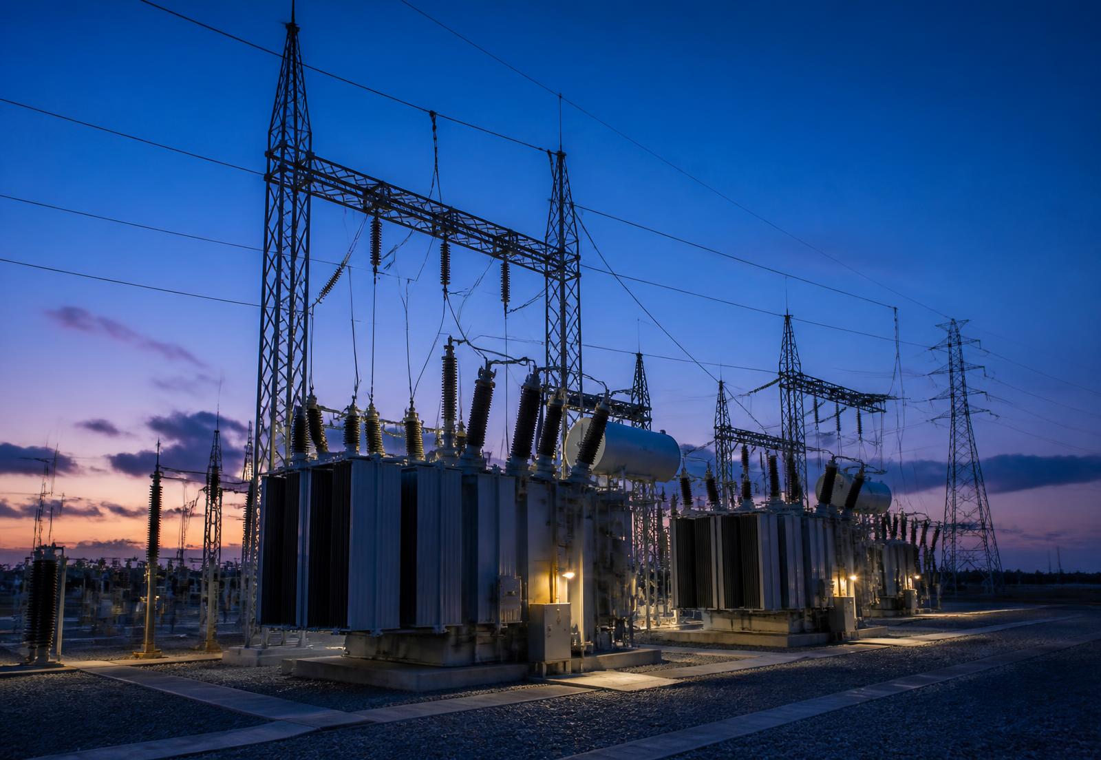 Modern American utility substation with transmission lines at dusk